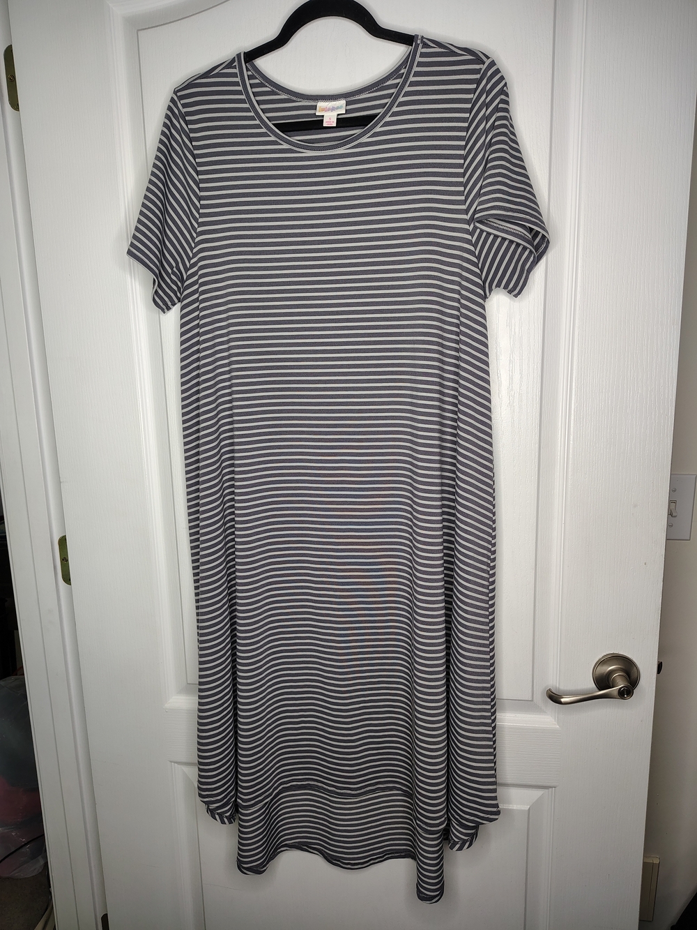 LuLaRoe Blue and Gray Striped Midi Carly Dress